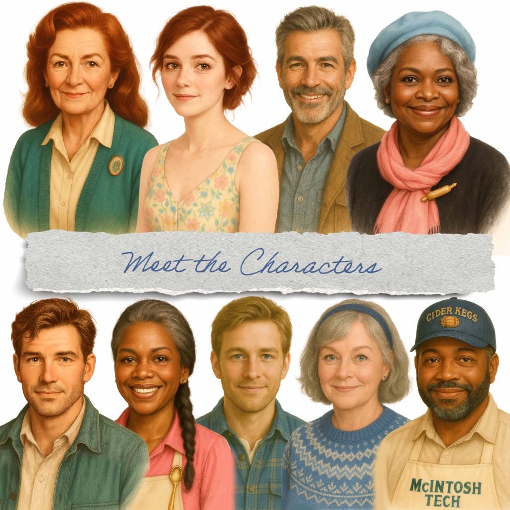 A collage of nine illustrated characters from Welcome to McIntosh, showcasing a warm and diverse small-town community with neighbors of all ages and backgrounds.
