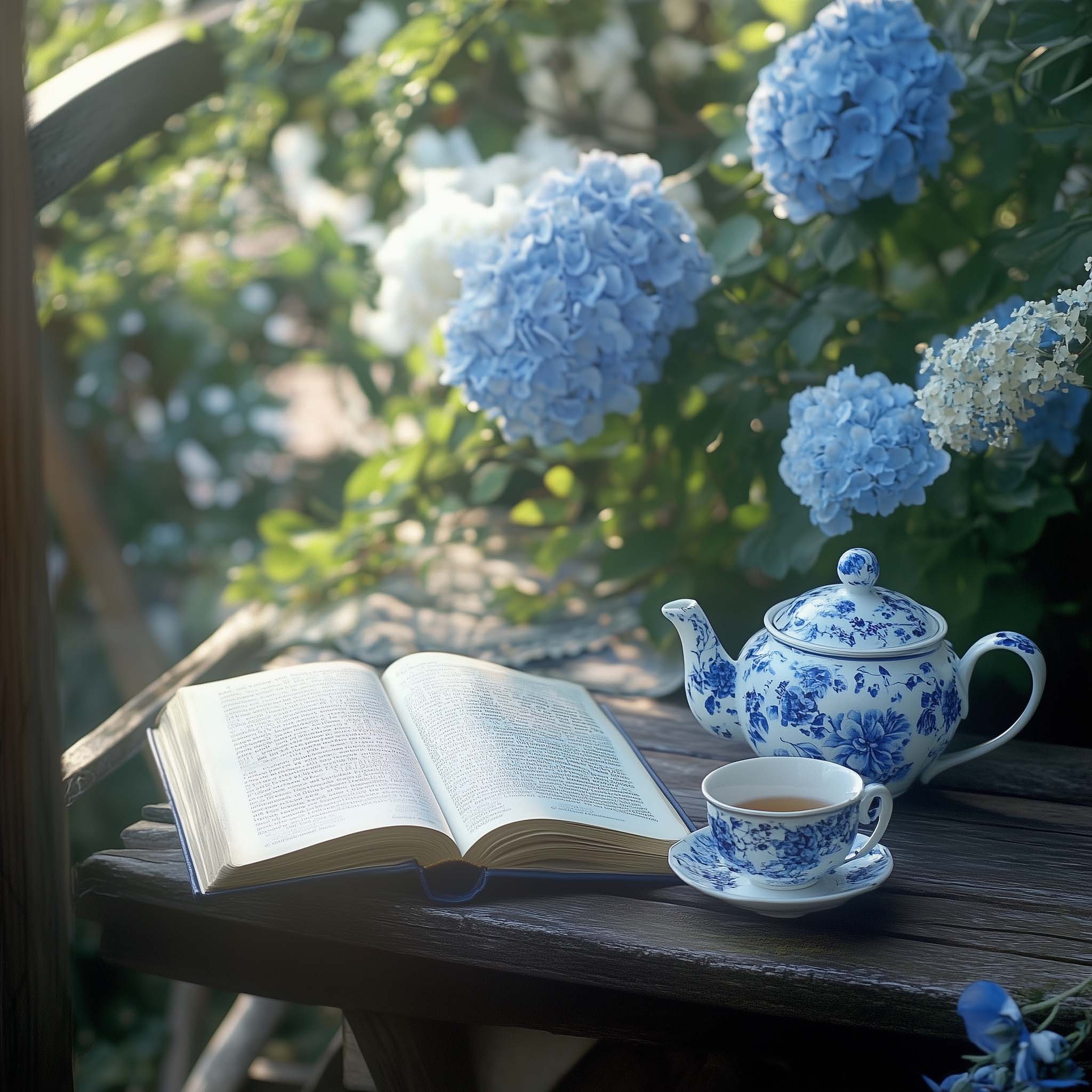 A blue-and-white teacup and open book rest on a sunlit garden table surrounded by blooming hydrangeas—inviting readers to begin the story of McIntosh.