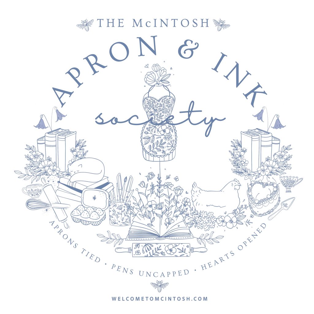 A hand-drawn logo for The Apron & Ink Society features books, aprons, and florals—representing a cozy reader circle of recipes, extras, and behind-the-scenes peeks from author Jennifer Martin.
